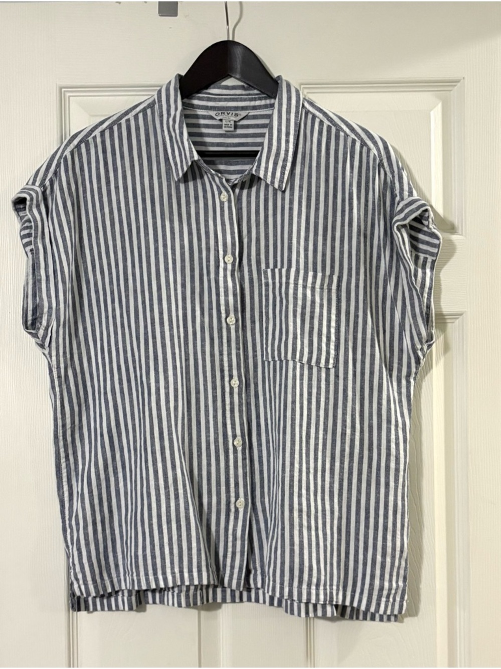 Orvis Blue & White Striped Linen Rayon Blend Short-Sleeve Shirt size L